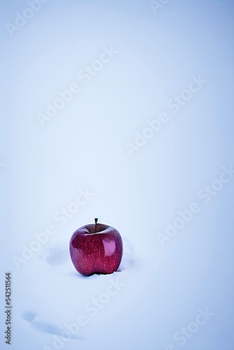 an  clear apple stand in snow floor with snowflakes. christmas eve, holiday celebration, closeup, rendering, illustration, photographic.