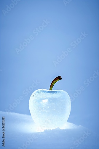 an  clear apple stand in snow floor with snowflakes. christmas eve, holiday celebration, closeup, rendering, illustration, photographic.