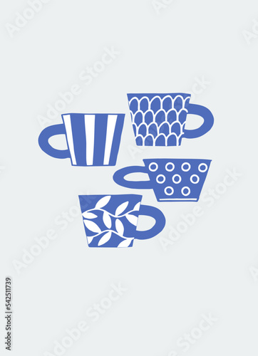 Decor printable art. Vector illustration. Design for prints, posters, cards, textile. Hand drawn potter coffee cups. Isolated background