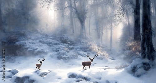 beautiful deer walking in winter quiet epic forest scene. background, animal, christmas, illustration. © xxxstudio