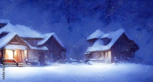 a christmas log cabin in winter heavy snow. winter festival background. cartoon, hand drawn, illustration. © xxxstudio