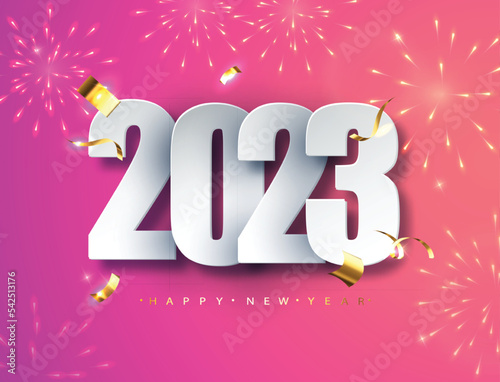 2023 happy new year. elegant numbers against background of flickering fireworks. Greeting Card, Banner, Poster. Vector Illustration.
