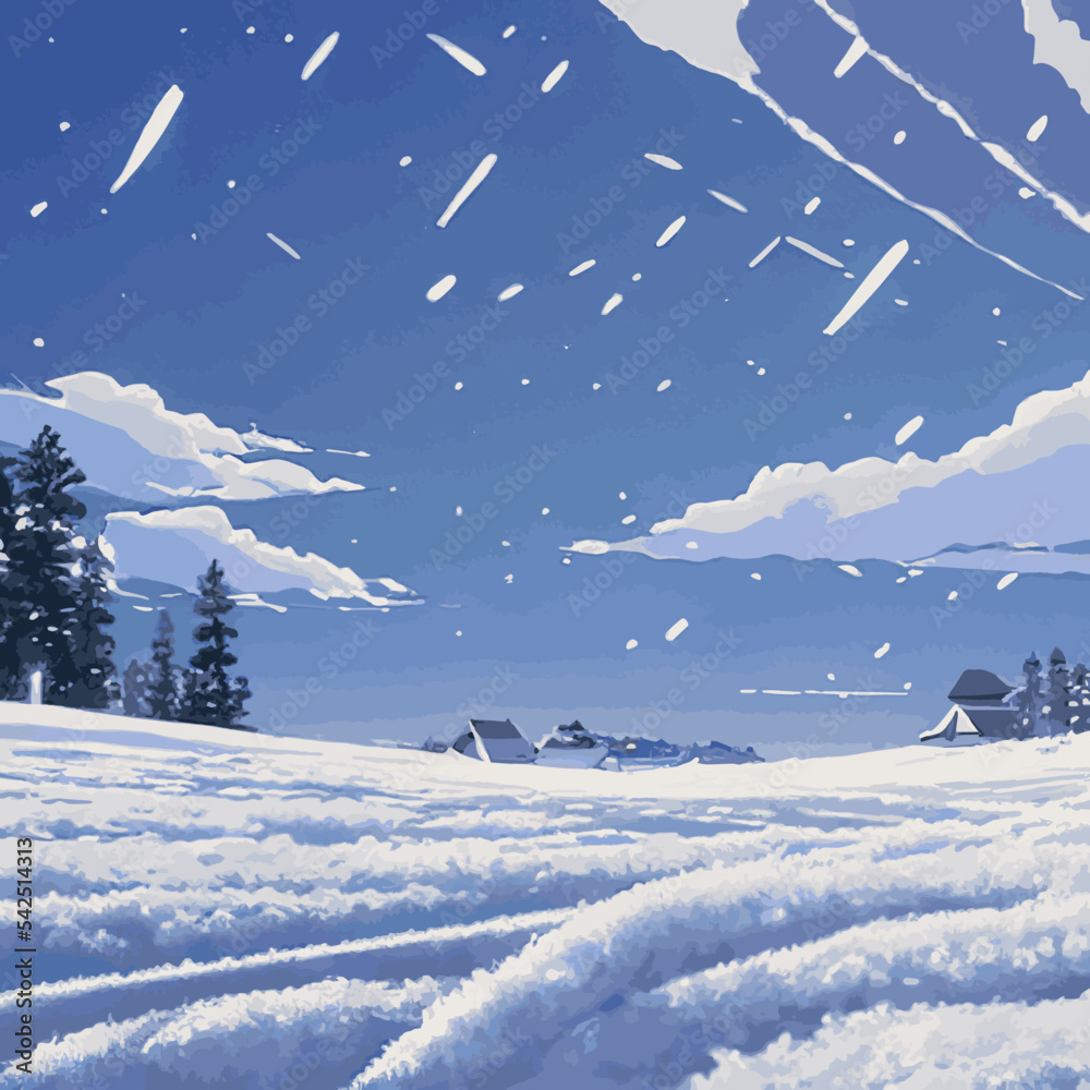 Winter landscape with hills in the snow, fir trees and the sky. Panoramic snow-covered natural scene. Landscape with mountains, rivers in cold frosty weather.