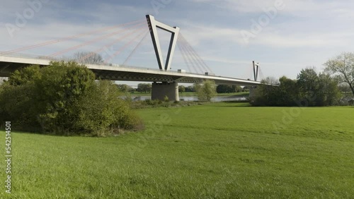 wide shot of traffic on the flughafen bridge near the city düsseldorf in germany