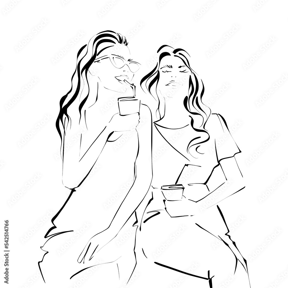 Two girls with a cup Sketch illustration on white background