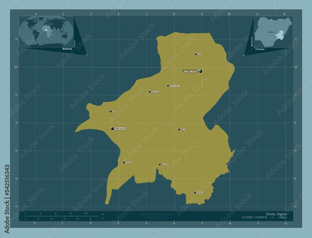 Taraba, Nigeria. Solid. Labelled points of cities