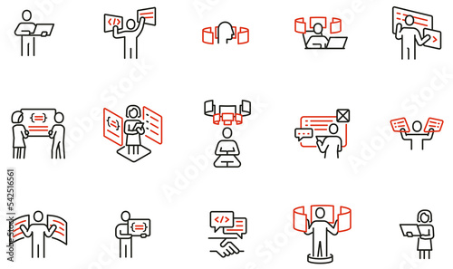Vector set of linear icons related to engineering development, script coding and programming in javascript and python. Mono line pictograms and infographics design elements - part 1