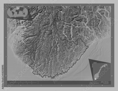 Agder, Norway. Grayscale. Labelled points of cities photo