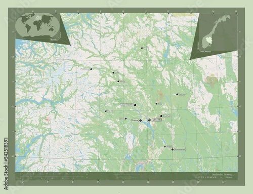Bilde på lerret Innlandet, Norway. OSM. Labelled points of cities
