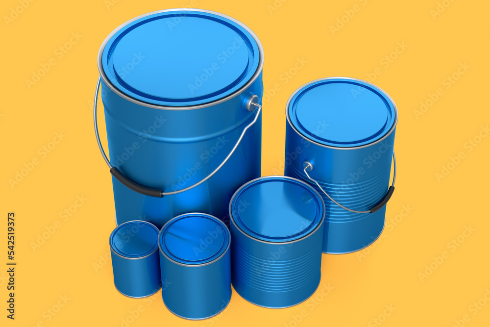 Set of metal can or buckets of paint in row pattern on yellow background. Set of metal can or buckets of paint in row pattern on yellow background.