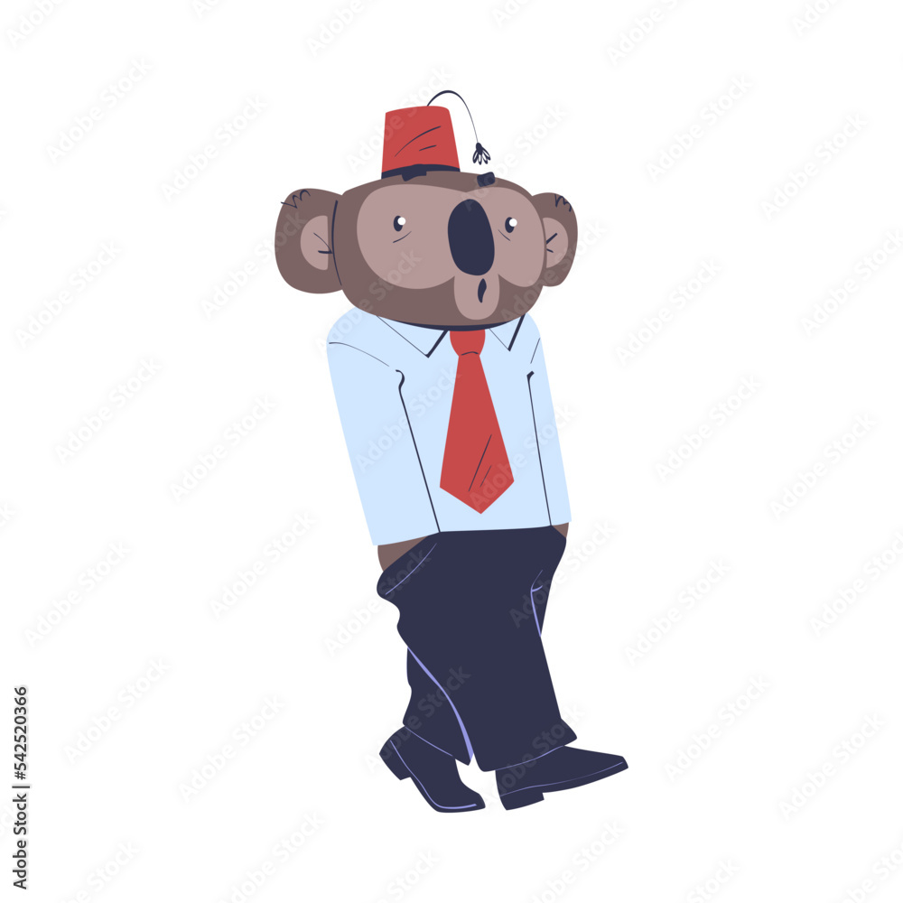 Man Koala Character with Animal Head Walking Wearing Fez Hat and Business Suit Vector Illustration