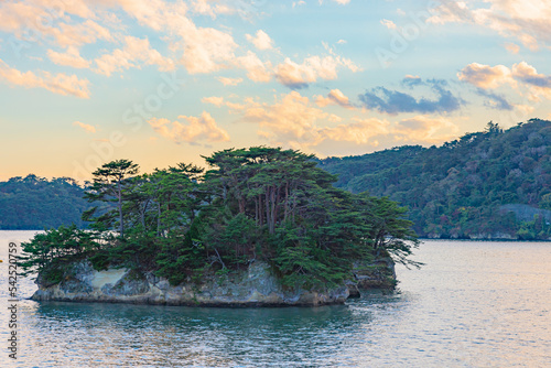 Matsushima Bay in dusk, beautiful islands covered with pine trees and rocks. One of the Three Views of Japan, and is also the site of the Zuigan-ji, Entsu-in and Kanrantei. in Miyagi Prefecture, Japan photo