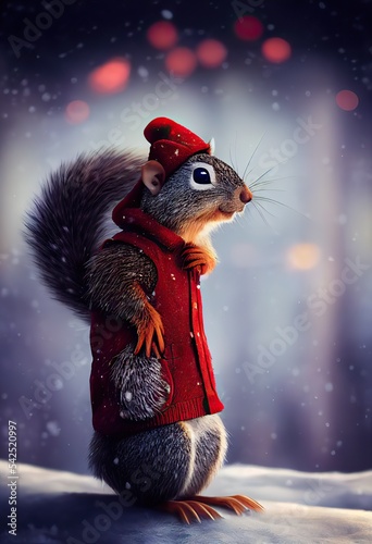 Adorable squirrel in the snow Santa inspired clothes 