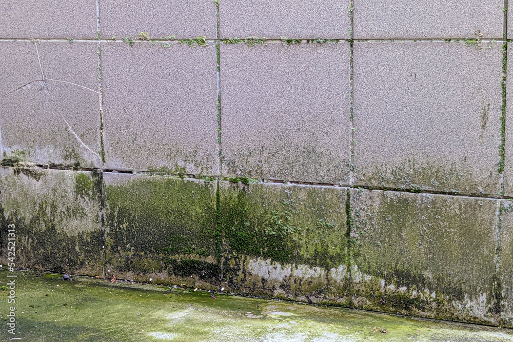 Damage caused by water leakage on building wall outside. Rainwater runs