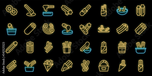 Churros icons set outline vector. Mexican chocolate. Churro food neon color on black