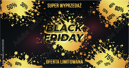 kartka lub baner w czarny piątek w kolorze czarnym na super sprzedaż na czarnym tle gradientowym ze złotymi plamami farby gdzie jest napisana redukcja od 10 do 80%