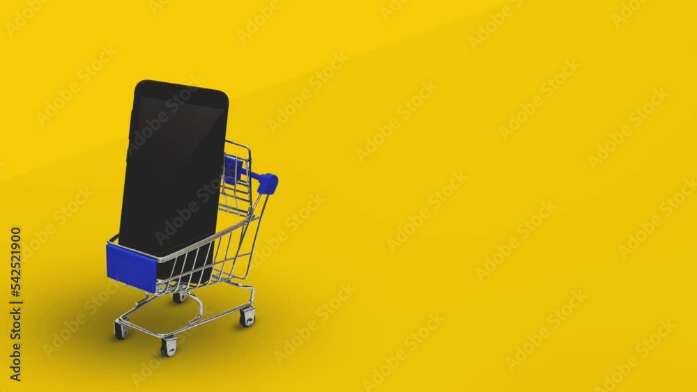 animated moving fast shopping cart and a phone on yellow background, gifts online in-store, shop through mobile applications. Concept of sale, special discount coupons, ads, space for text animated moving fast shopping cart and a phone on yellow background, gifts online in-store, shop through mobile applications. Concept of sale, special discount coupons, ads, space for text