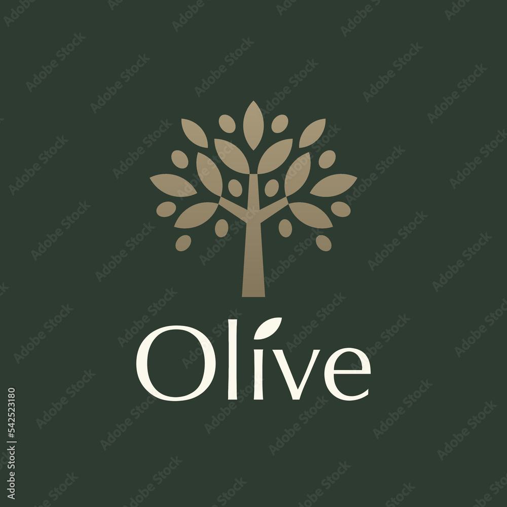 Olive tree logo. Extra virgin olive oil label icon. Tree of life symbol. Organic brand identity. Plant leaf sign. Vector illustration.