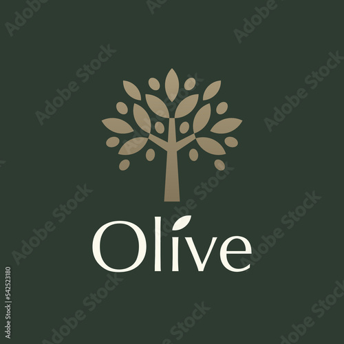Olive tree logo. Extra virgin olive oil label icon. Tree of life symbol. Organic brand identity. Plant leaf sign. Vector illustration.