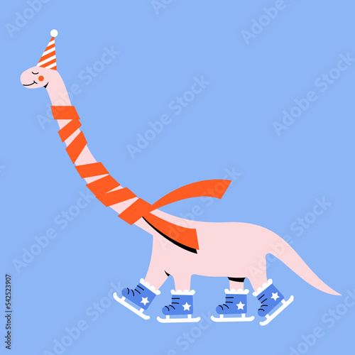 Funny cartoon dinosaur wears red scarf and skates on blue background. Abstract geometric Christmas Dino. Hand drawn modern style vector illustration