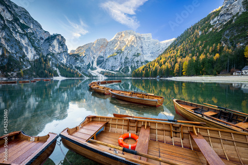 Landscape of Lago di Braies in dolomite mountains