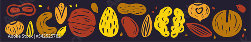 Vector horizontal pattern of a collection of nuts drawn by hand in the style of a doodle