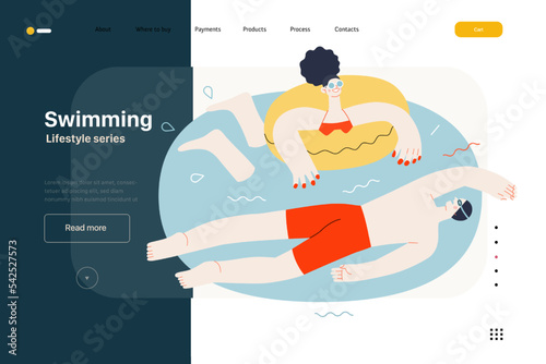 Lifestyle website template - Swimming - modern flat vector illustration of a man and a woman swimming in the pool. People activities concept