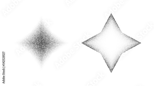 Dotted grain star shapes. Black stipple diamonds. Abstract noise texture rhombus. Halftone flare form. Vector stochastic