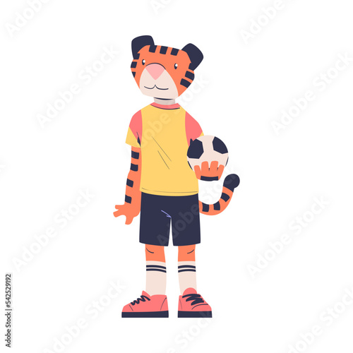 Man Character with Tiger Animal Head Standing in Football Uniform with Ball Vector Illustration