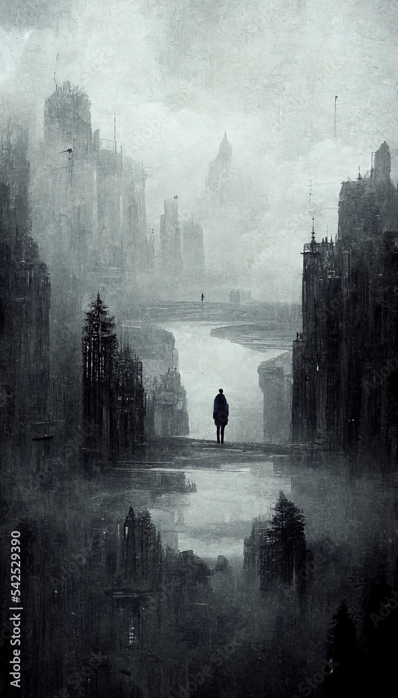 Abstract post apocalyptic dark gloomy scene old architecture landscape