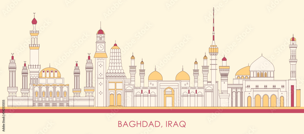 Cartoon Skyline panorama of city of Baghdad, Iraq - vector illustration