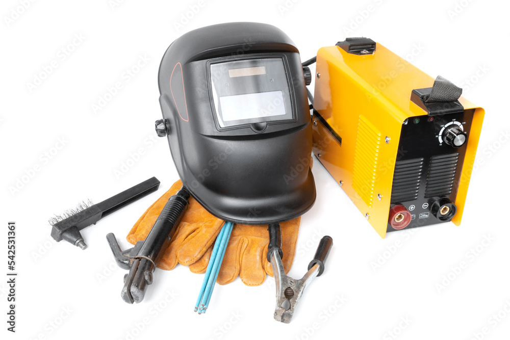 Fototapeta premium Inverter welding machine and mask, Electrode welding equipment on a white background