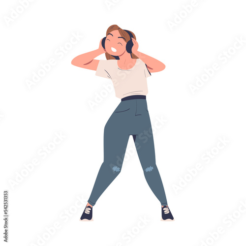 Teen Girl with Headphones Listening to Music and Dancing Vector Illustration