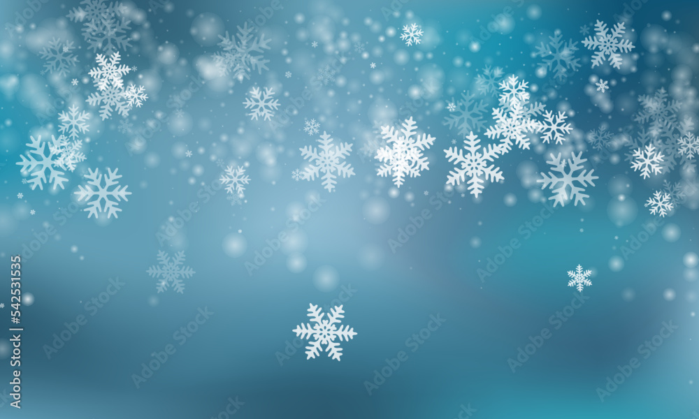 Beautiful flying snowflakes wallpaper. Snowfall fleck ice shapes. Snowfall sky white teal blue backdrop. Mess snowflakes february theme. Snow nature landscape.