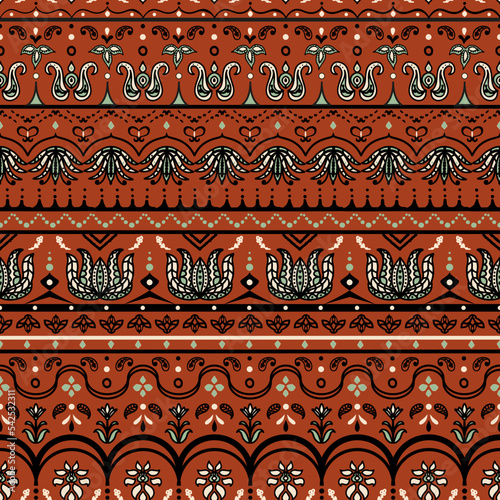 Traditional folk seamless repeat pattern. Vertical, vector traveller damask all over surface print on brown background.