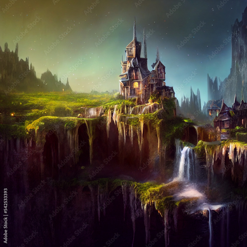 Waterfall elf fairy landscape with mount and blue sky
