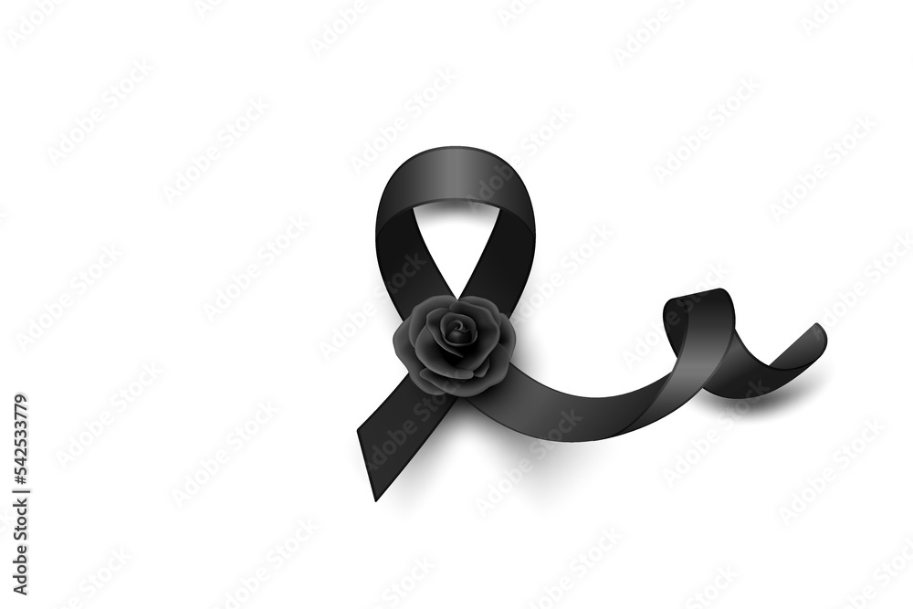 Vector Black Silk Ribbon with Black Rose. Design Template for Funeral Card,  Banner, Invitation. Black Awareness Ribbon Isolated on White Background,  Icon for Pray, Mourning Symbol Stock Vector