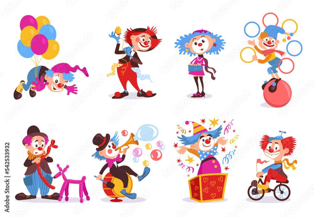 Cartoon clowns. Birthday party characters. Kids holiday. Crazy actors. Bright costumes and makeup. Entertainment artists with balloons and bicycle. Juggling magician. Splendid vector set