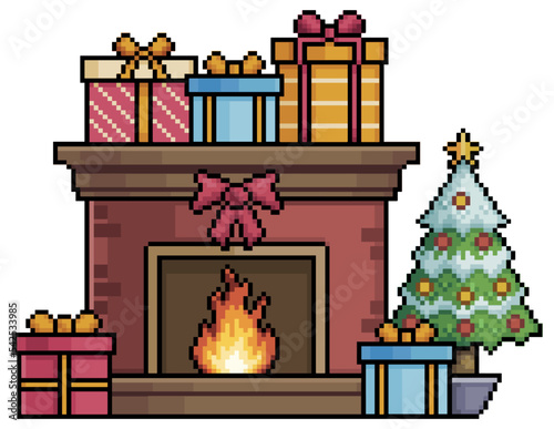 Pixel art fireplace with christmas tree and gifts vector icon for 8bit game on white background
