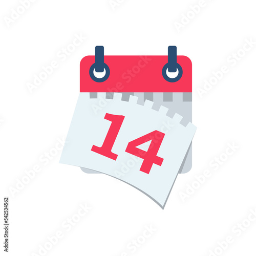 Tear off the calendar sheet. 14 is the date on the calendar. Off date. Deadline concept. Template page. Vector illustration flat design. Isolated on white background.