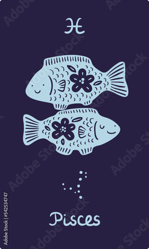 Zodiac signs card. Astrological symbol. Patterned silhouette animal. Pisces constellation. Doodle blue fish with flowers ornament. Astrology calendar. Star scheme. Vector zodiacal icon