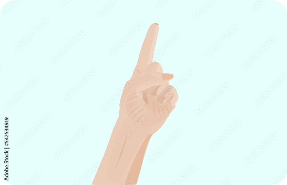 Hand showing number one gesture, vector illustration isolated on blue background. Gesturing number 1 index finger. Pointing upward, making number one in sign language. Being first, hand counting one. Hand showing number one gesture, vector illustration isolated on blue background. Gesturing number 1 index finger. Pointing upward, making number one in sign language. Being first, hand counting one.