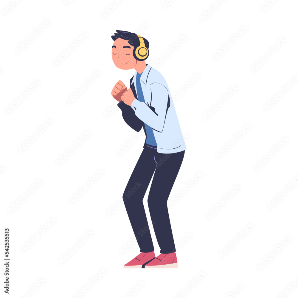 Teen Boy with Headphones Listening to Music and Dancing Vector Illustration