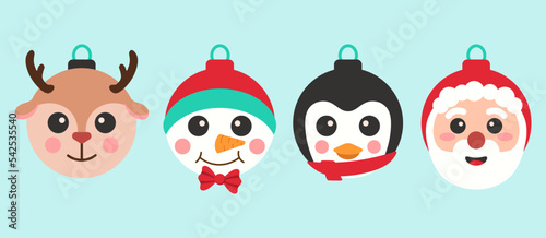 Set Of Colorful Christmas Balls With Fun Faces Vector Illustration In Flat Style