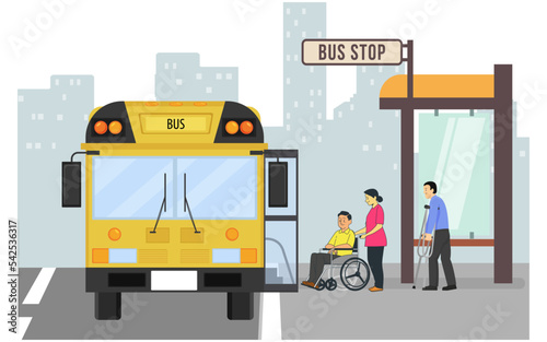 Disable people are waiting for the bus at the bus stop. Flat vector illustration.