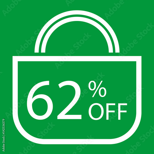 62 percent off. Green banner with shopping bag illustration.