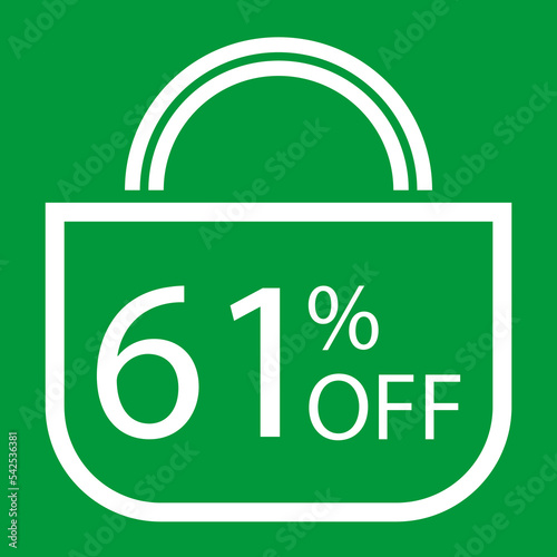 61 percent off. Green banner with shopping bag illustration.