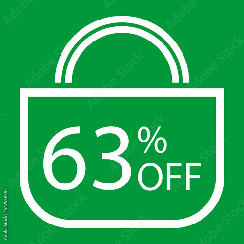 63 percent off. Green banner with shopping bag illustration.