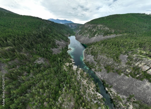 Aerial view of a river streamin through forested mountains photo