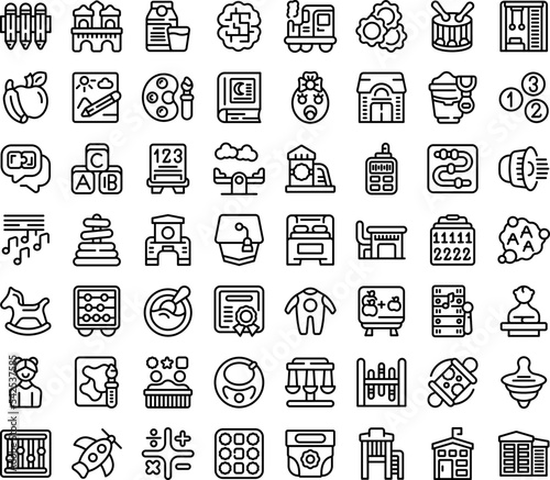 Daycare icons set outline vector. Kid toy. Child house